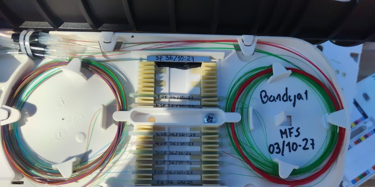 Bandeja de empalme abierta con las fibras ordenadas y rotuladas.
